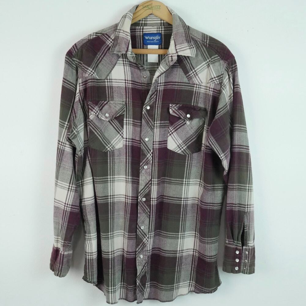 Vintage Wrangler XLT‎ Pearl Snap Flannel Western Shirt Plaid Rancher Cowboy